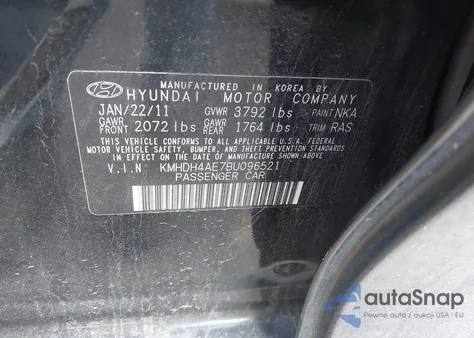 2011 Hyundai Elantra Gls (Ulsan Plant) из США, поврежденный, VIN KMHDH4AE7BU096521